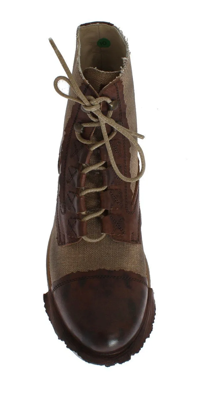 Brown Leather Linen Above Ankle Boots