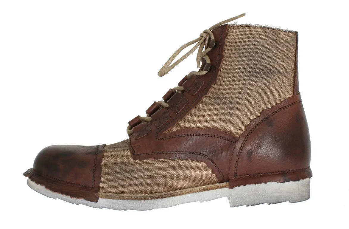 Brown Leather Linen Above Ankle Boots