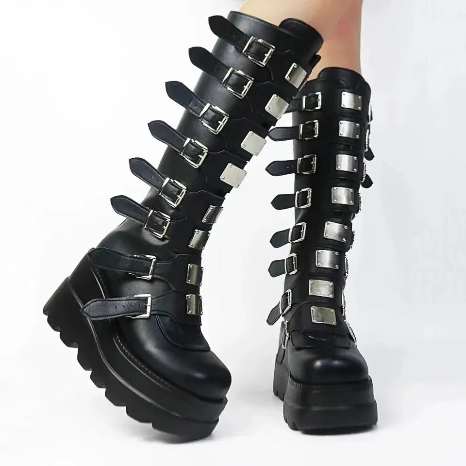 Buckles Galore Knee High Wedges