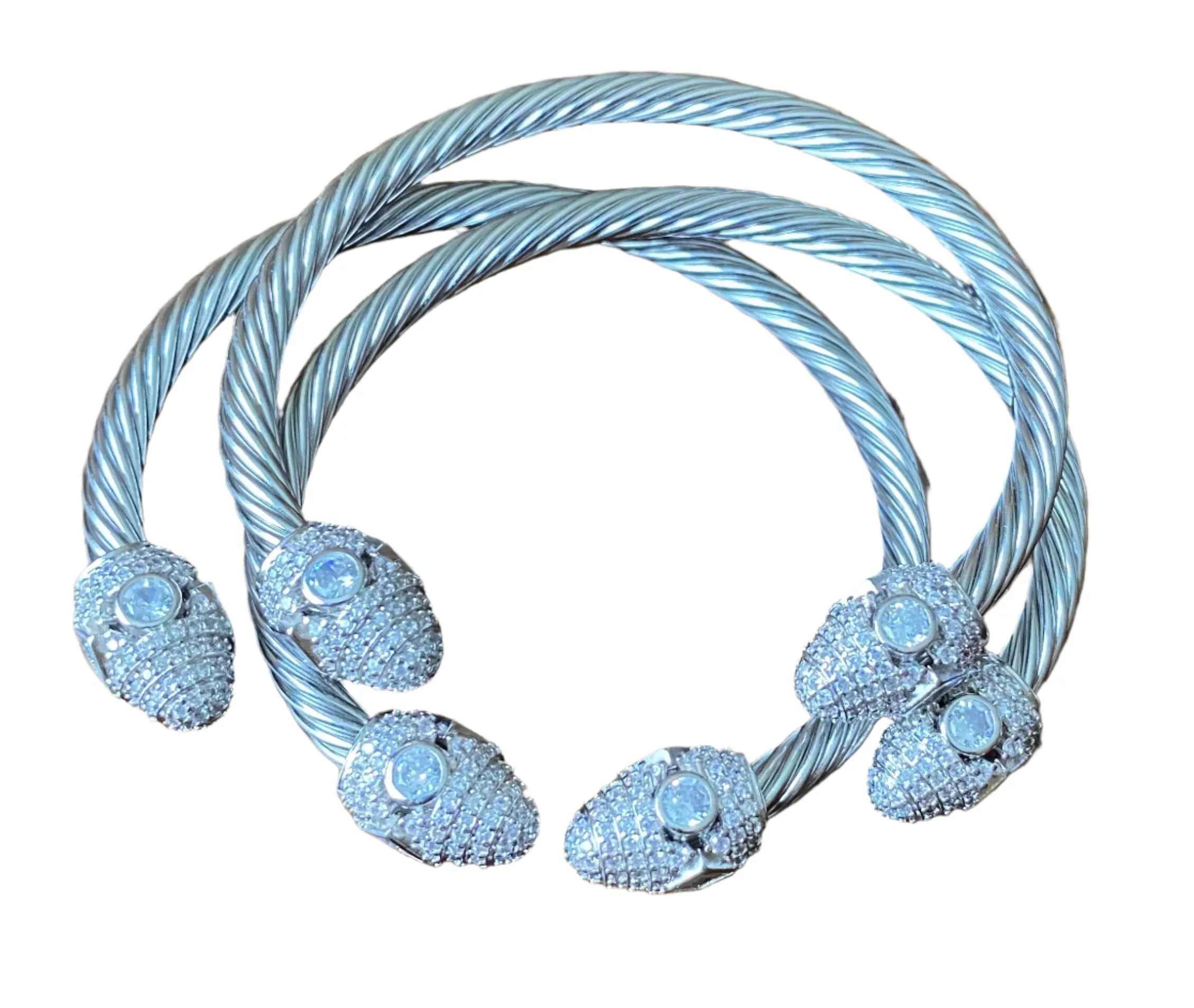 Cable Wire Bracelet Cuff with Crystal Accent End Caps