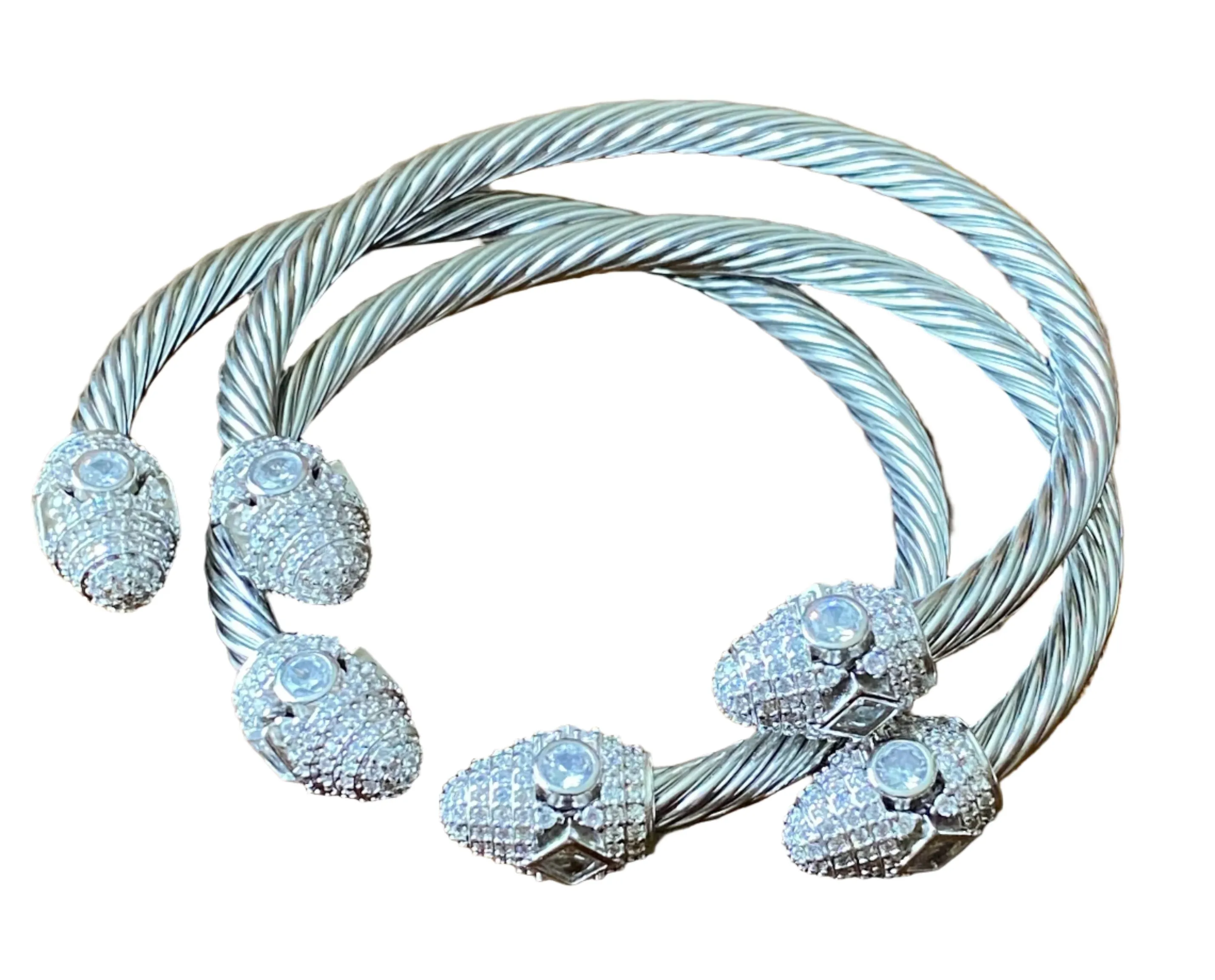 Cable Wire Bracelet Cuff with Crystal Accent End Caps