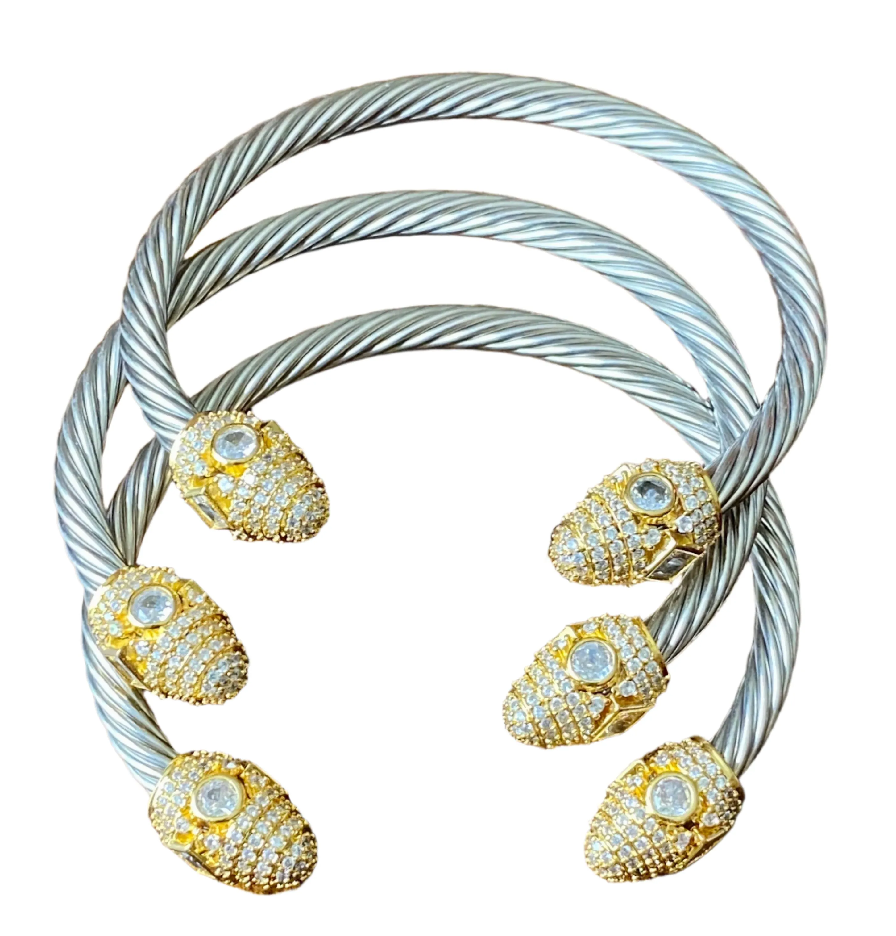 Cable Wire Bracelet Cuff with Crystal Accent End Caps