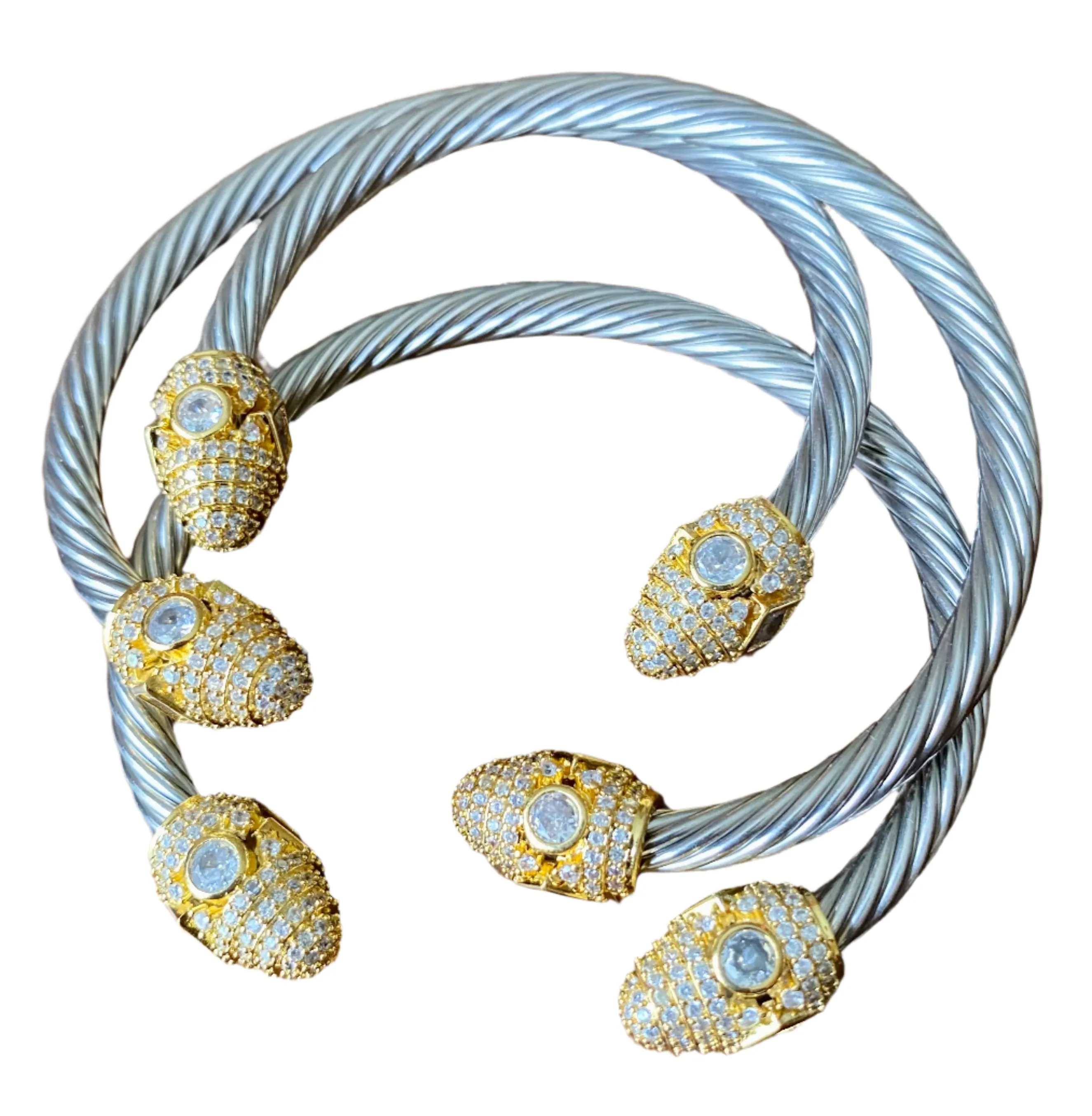 Cable Wire Bracelet Cuff with Crystal Accent End Caps