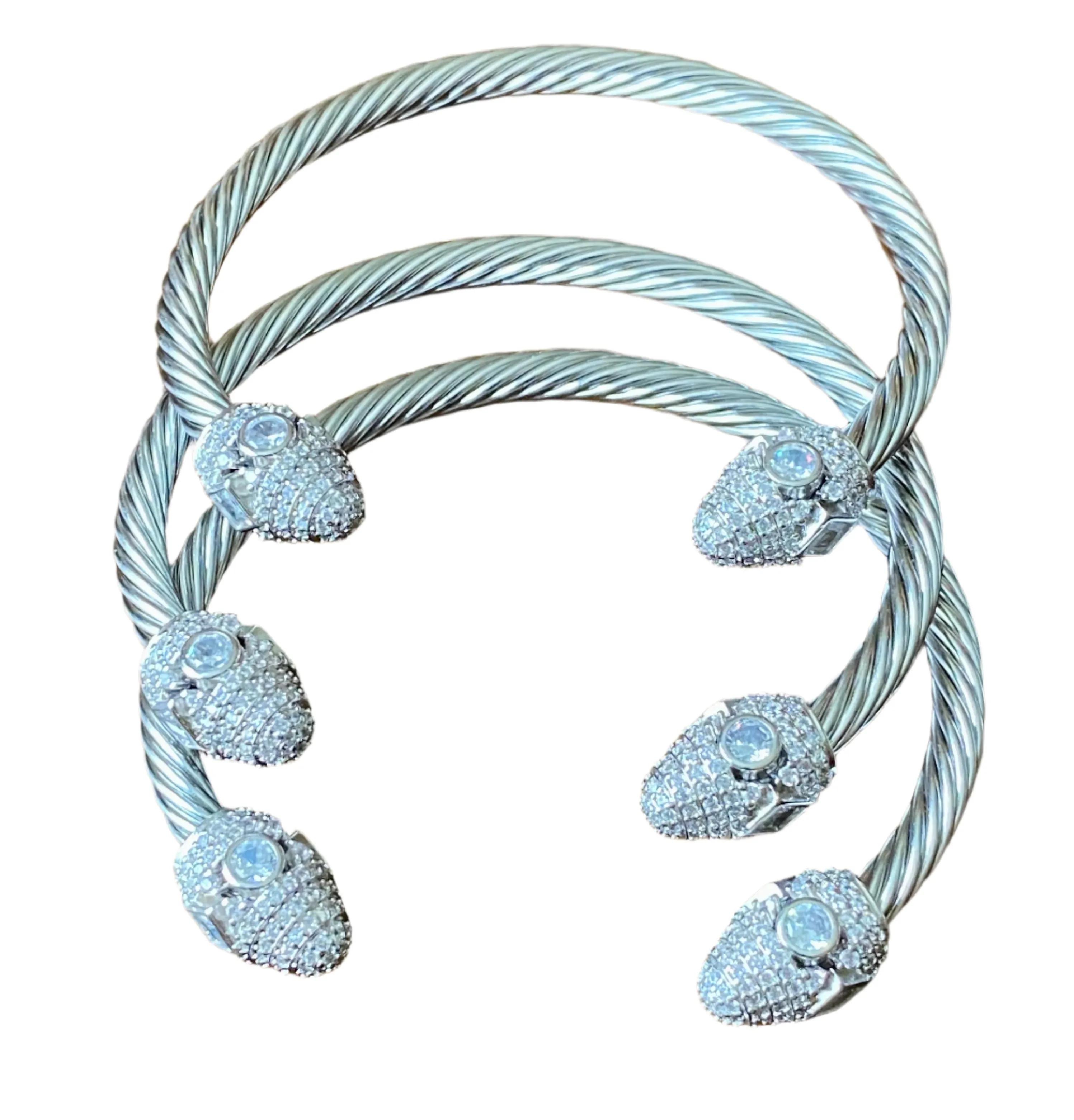 Cable Wire Bracelet Cuff with Crystal Accent End Caps