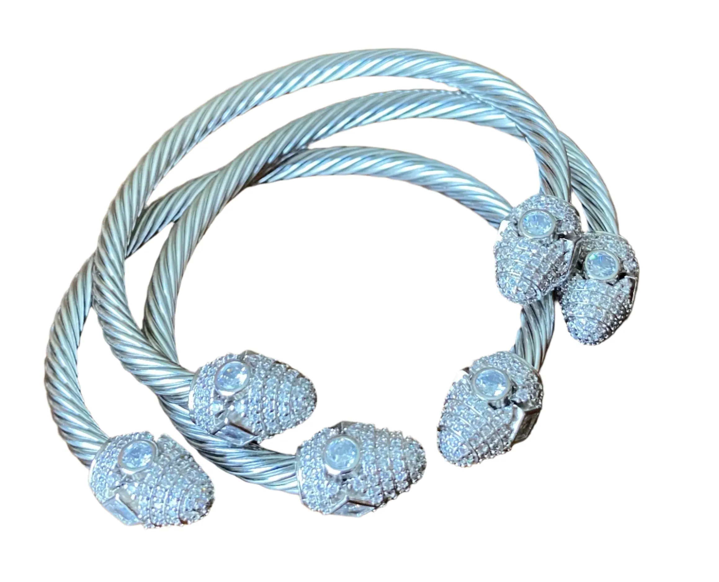Cable Wire Bracelet Cuff with Crystal Accent End Caps