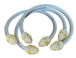 Cable Wire Bracelet Cuff with Crystal Accent End Caps