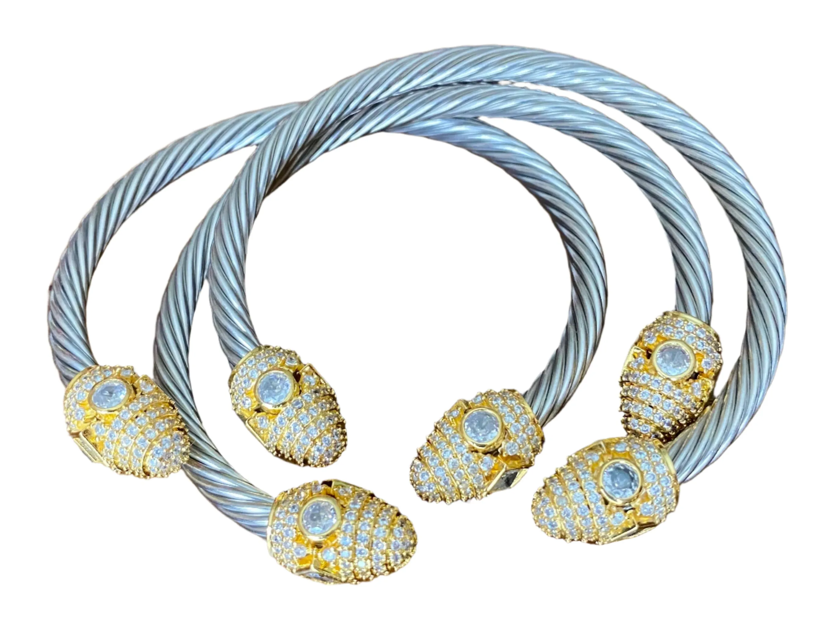 Cable Wire Bracelet Cuff with Crystal Accent End Caps