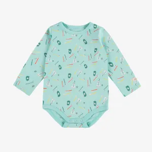 Cache-couche bleu à manches longues et motif en jersey, bébé || Blue bodysuit with long sleeves and print in jersey, baby