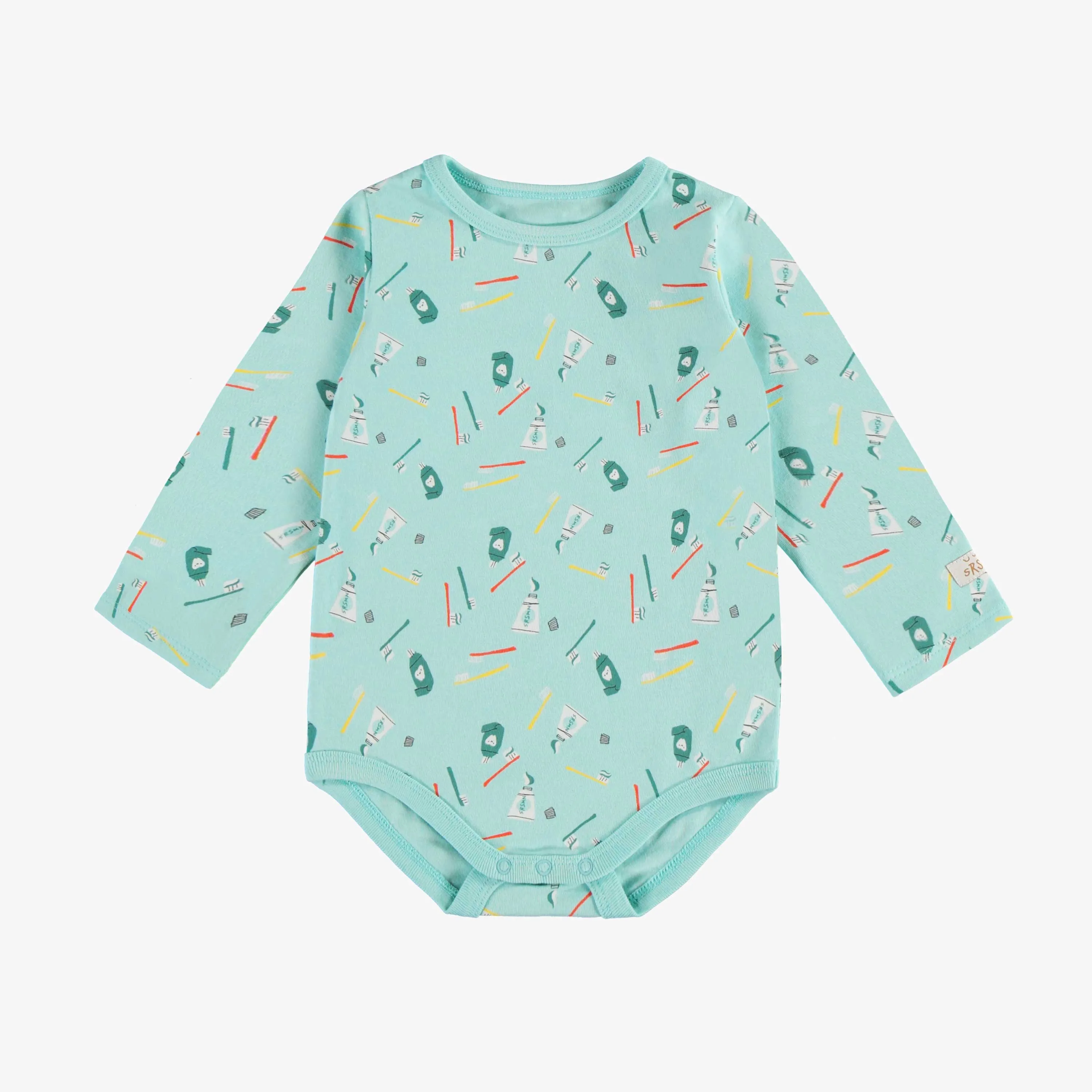 Cache-couche bleu à manches longues et motif en jersey, bébé || Blue bodysuit with long sleeves and print in jersey, baby