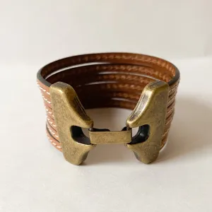 Camel Brown Multi Strand Leather Cuff Bracelet with Wide Antique Brass Hook