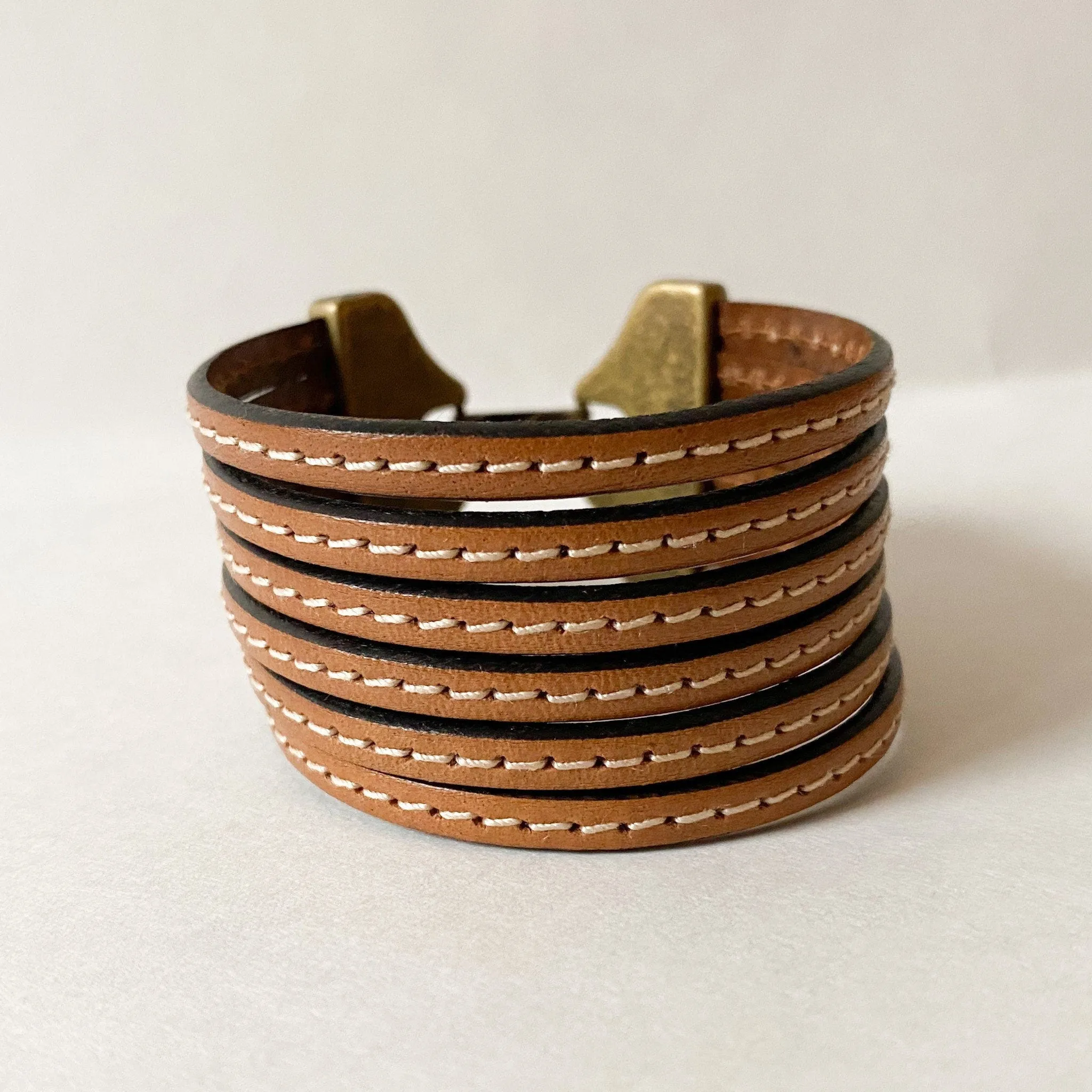 Camel Brown Multi Strand Leather Cuff Bracelet with Wide Antique Brass Hook