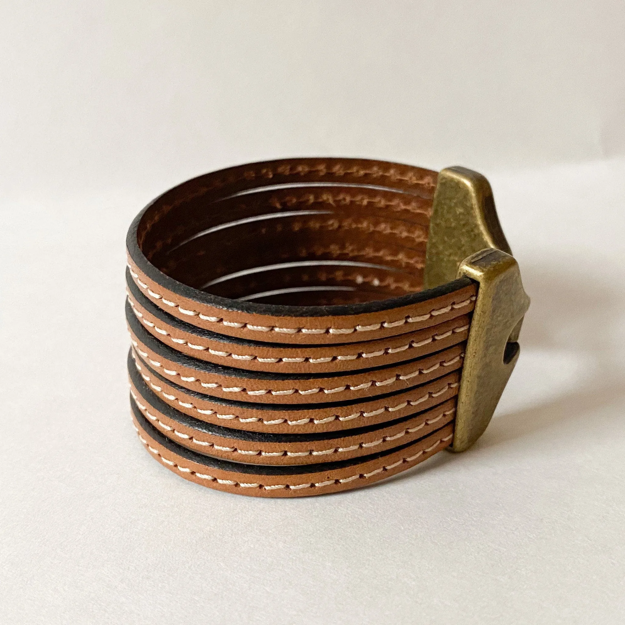 Camel Brown Multi Strand Leather Cuff Bracelet with Wide Antique Brass Hook