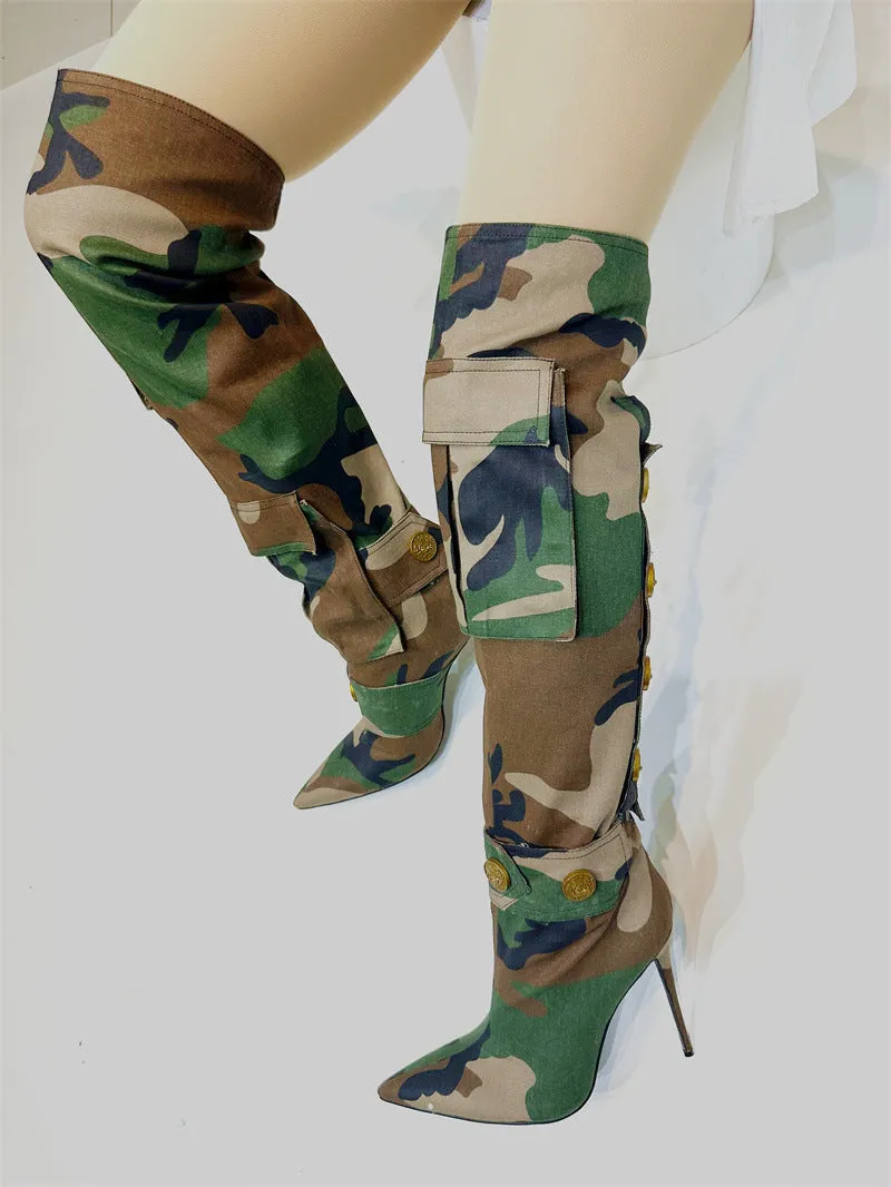 Camouflage Thin High Heel Knee High Boots
