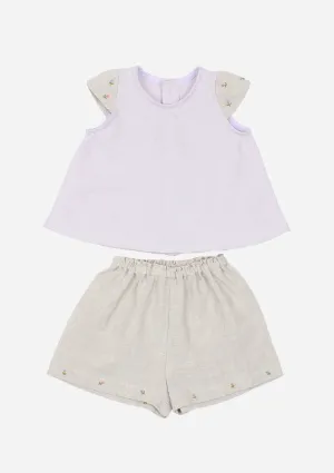 Cap Sleeve Rose Bud Top & Shorts, Lavender & Grey