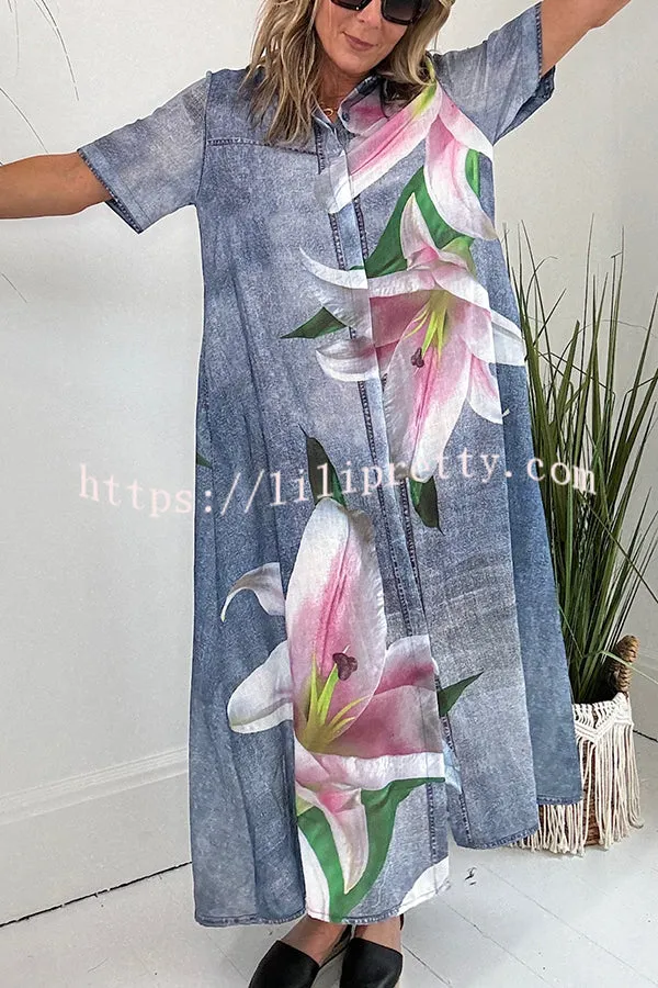 Carleen Faux Denim Fabric Orchid Print Pocketed Shirt Maxi Dress