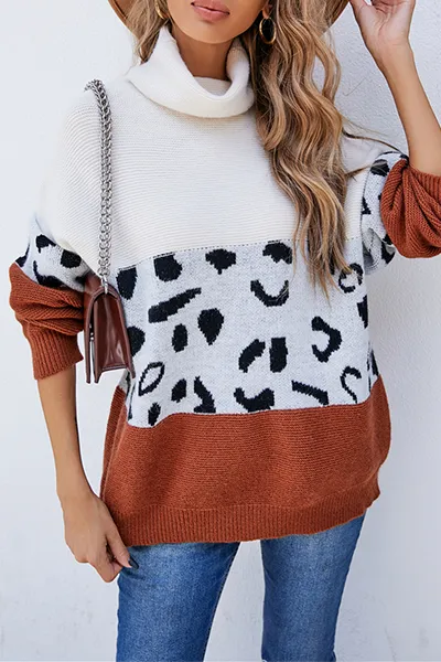 Casual Leopard Patchwork Contrast Turtleneck Sweaters(3 Colors)