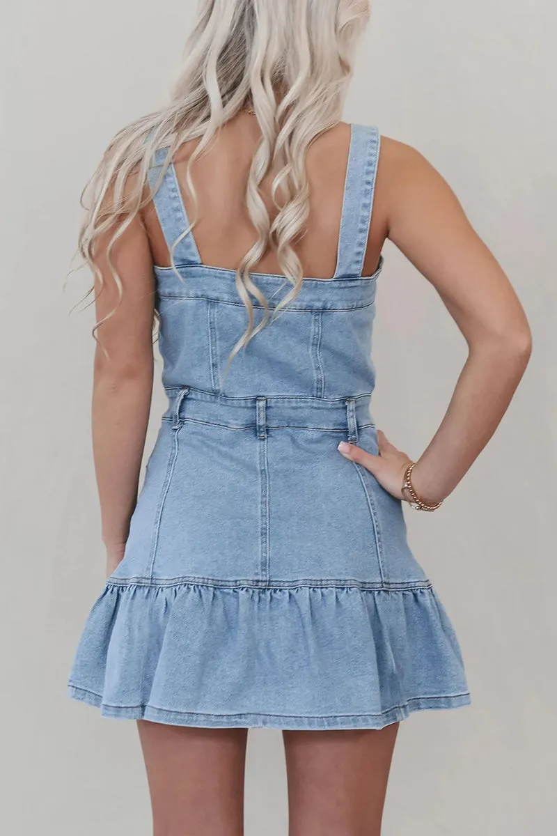 Casual Pocket Buttons Ruffle Square Neck Sleeveless Denim Dresses