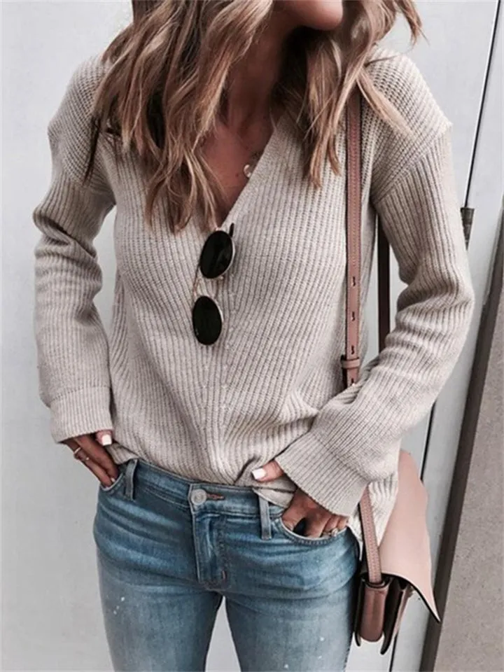 Casual Pullover V-neck Knitting Sweater for Women
