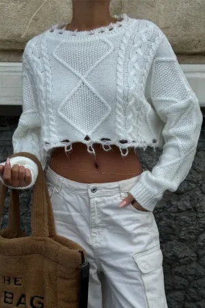 Casual Solid Color Ripped Weave O Neck Sweaters