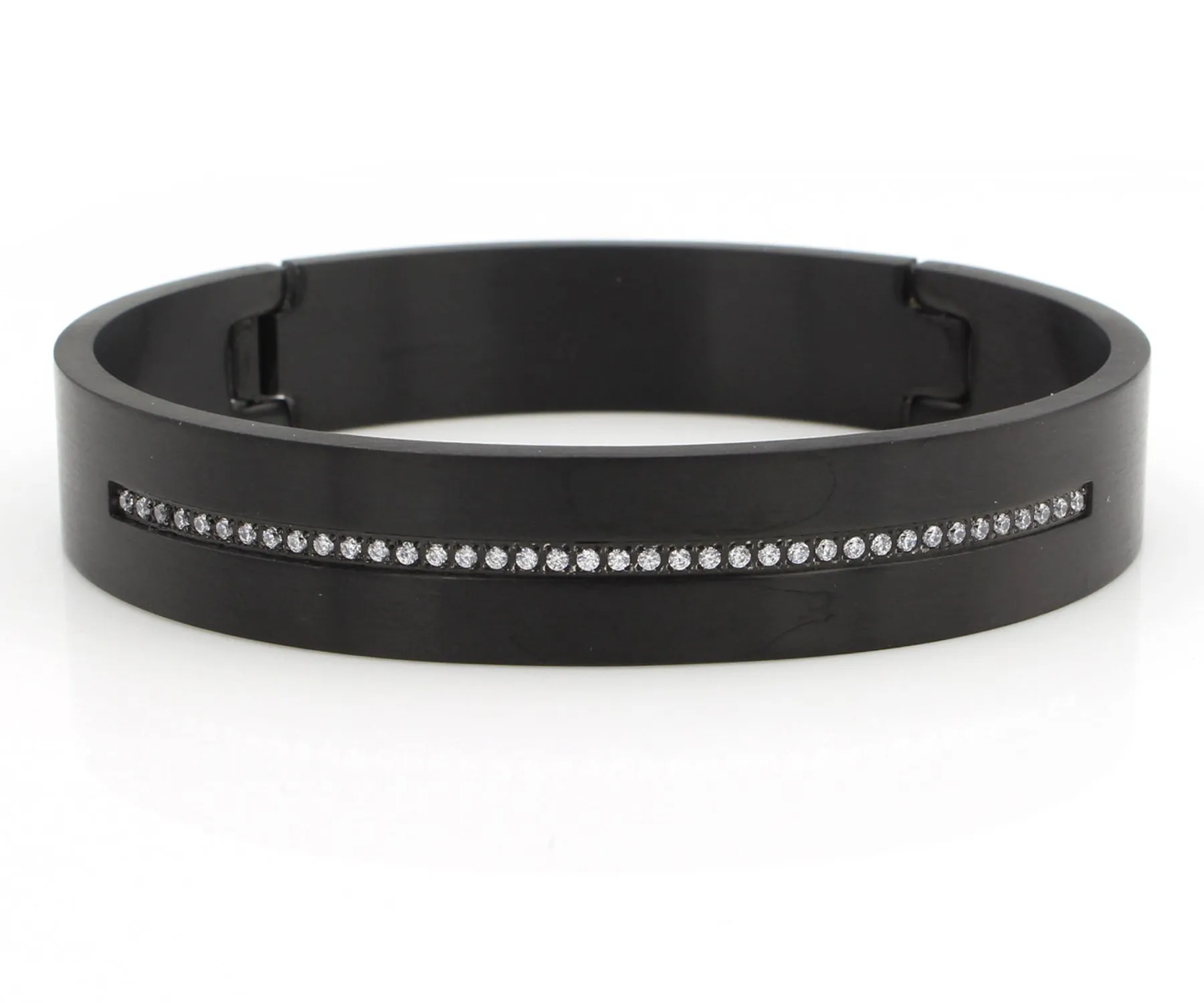 Center Row Wide Black Steel Bangle Bracelet