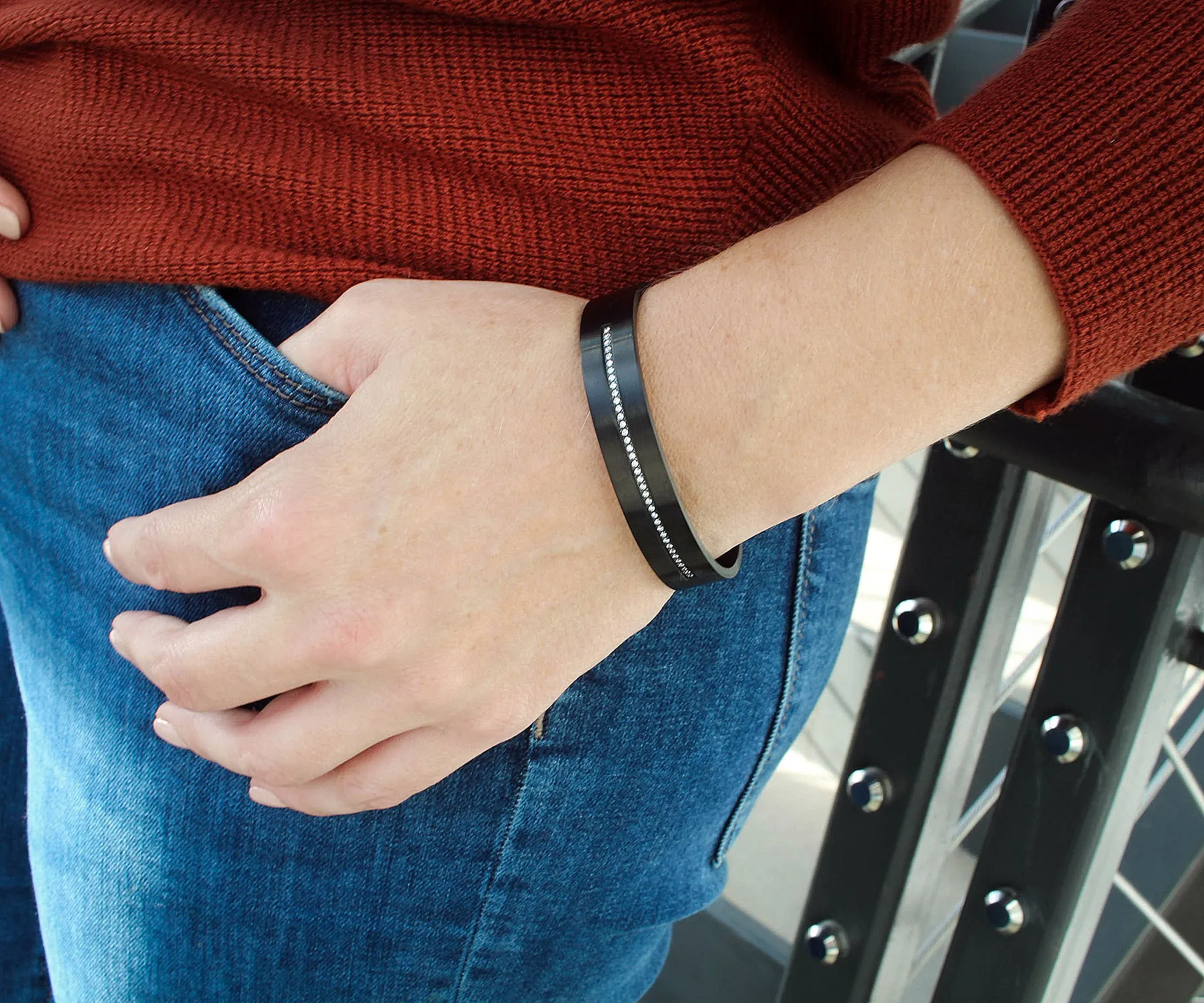 Center Row Wide Black Steel Bangle Bracelet