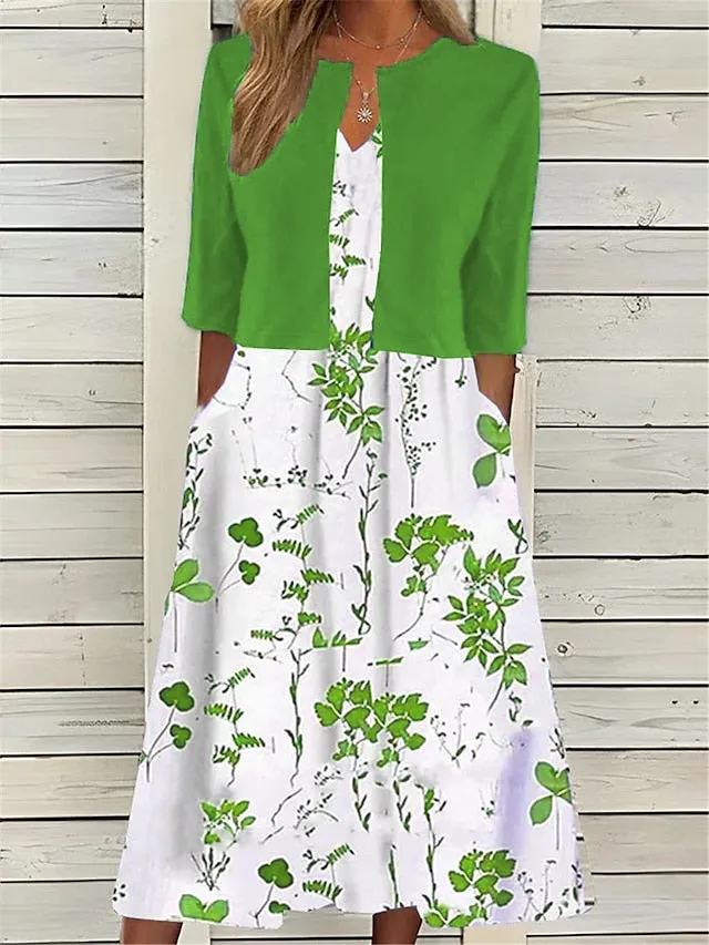 CityHottie - Women's Two Piece Dress Set Casual Dress Print Dress Daily Vacation Fashion Elegant Pocket Print Midi Dress Crew Neck Half Sleeve Floral Regular Fit Black Navy Blue Green Summer Spring S M L XL XXL