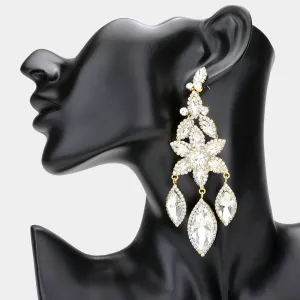 Clear Flower Triple Marquise Stone Chandelier Evening Earrings on Gold   | Statement Earrings | 608502
