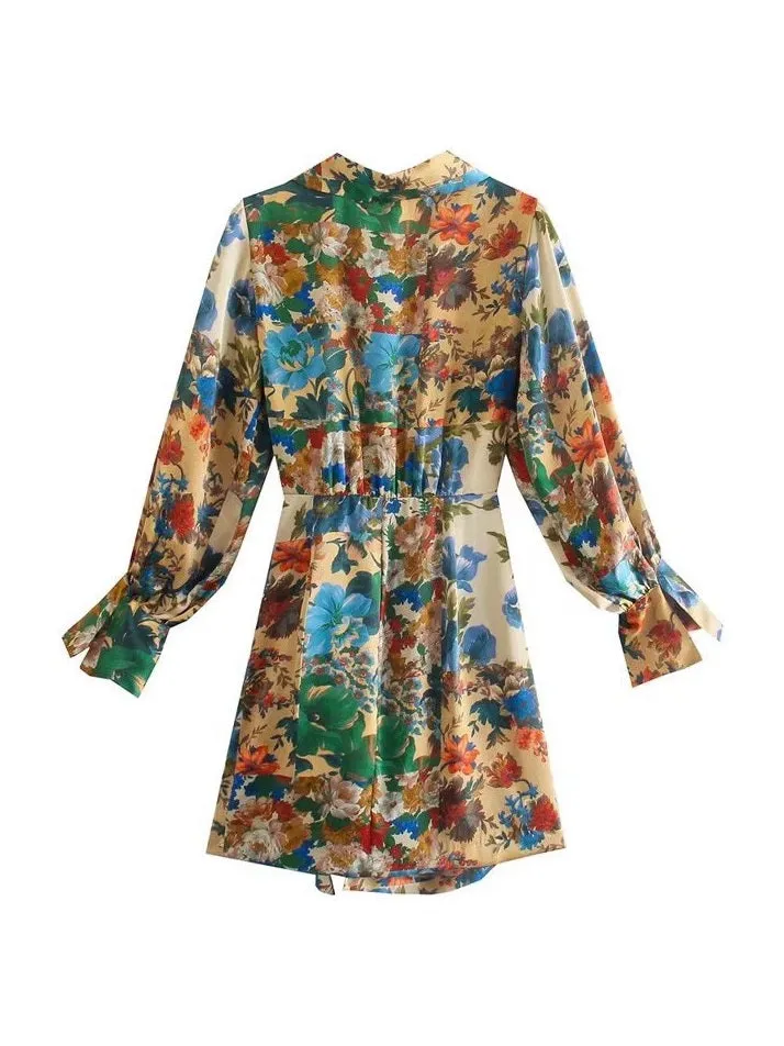 CM-D100960 Women Vintage European Style V-Neck Floral Long Sleeve Shirt Dress