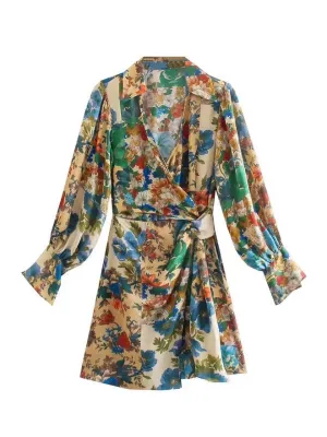 CM-D100960 Women Vintage European Style V-Neck Floral Long Sleeve Shirt Dress