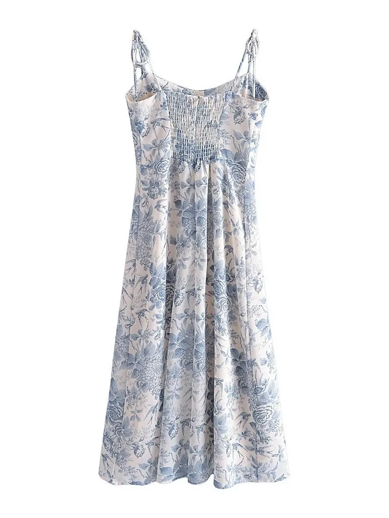 CM-D101824 Women Casual European Style Floral Slit Spaghetti Strap Sleeveless Dress