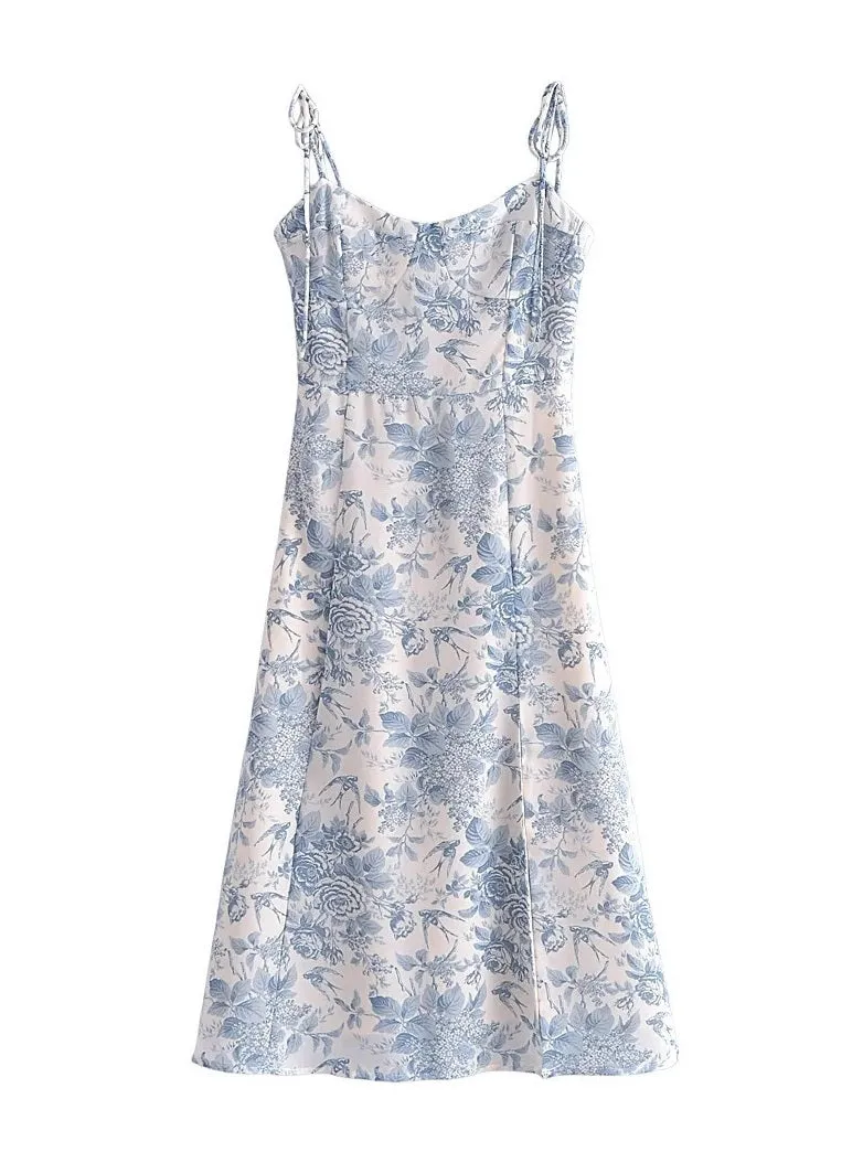 CM-D101824 Women Casual European Style Floral Slit Spaghetti Strap Sleeveless Dress