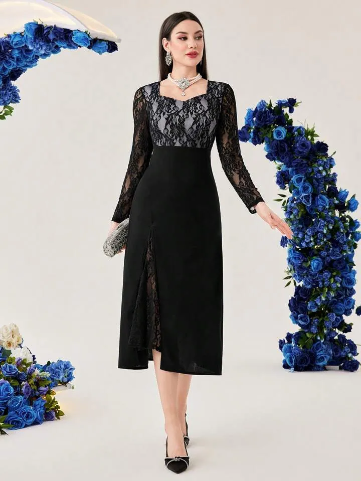 CM-DS155111 Women Elegant Seoul Style Solid Color Lace Patchwork Sweetheart Collar Dress