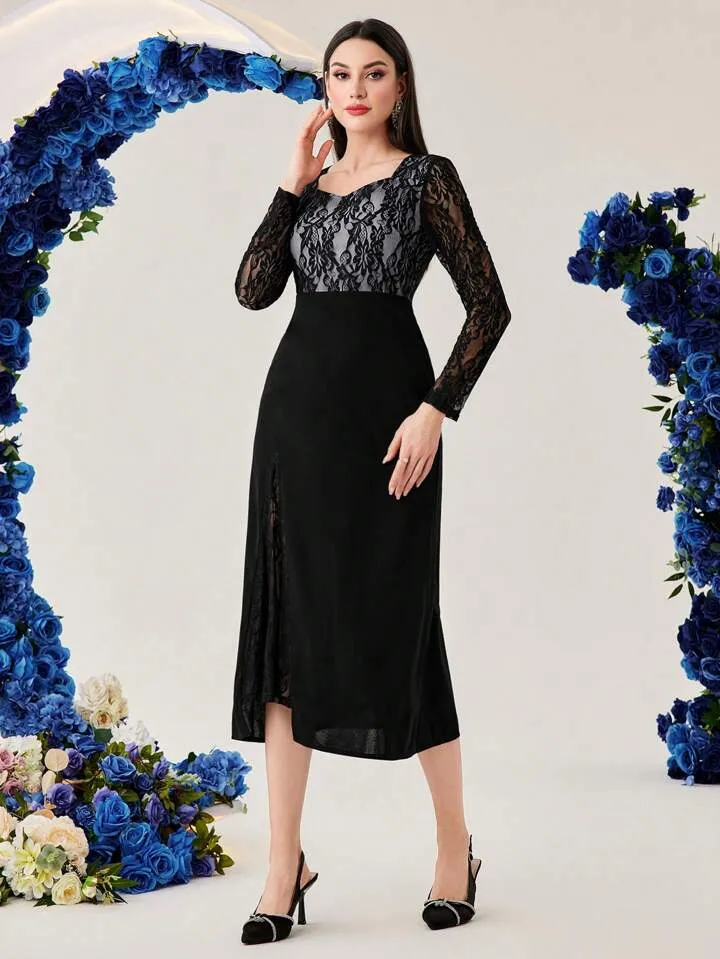 CM-DS155111 Women Elegant Seoul Style Solid Color Lace Patchwork Sweetheart Collar Dress