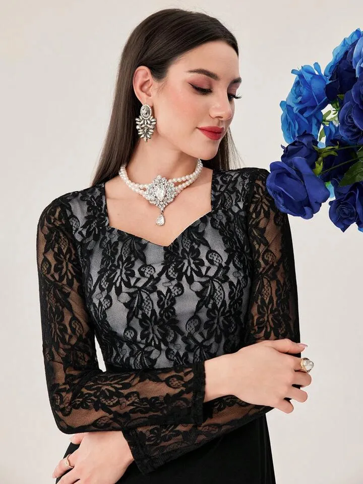 CM-DS155111 Women Elegant Seoul Style Solid Color Lace Patchwork Sweetheart Collar Dress
