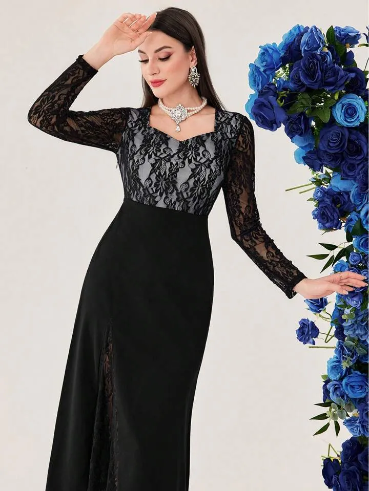 CM-DS155111 Women Elegant Seoul Style Solid Color Lace Patchwork Sweetheart Collar Dress