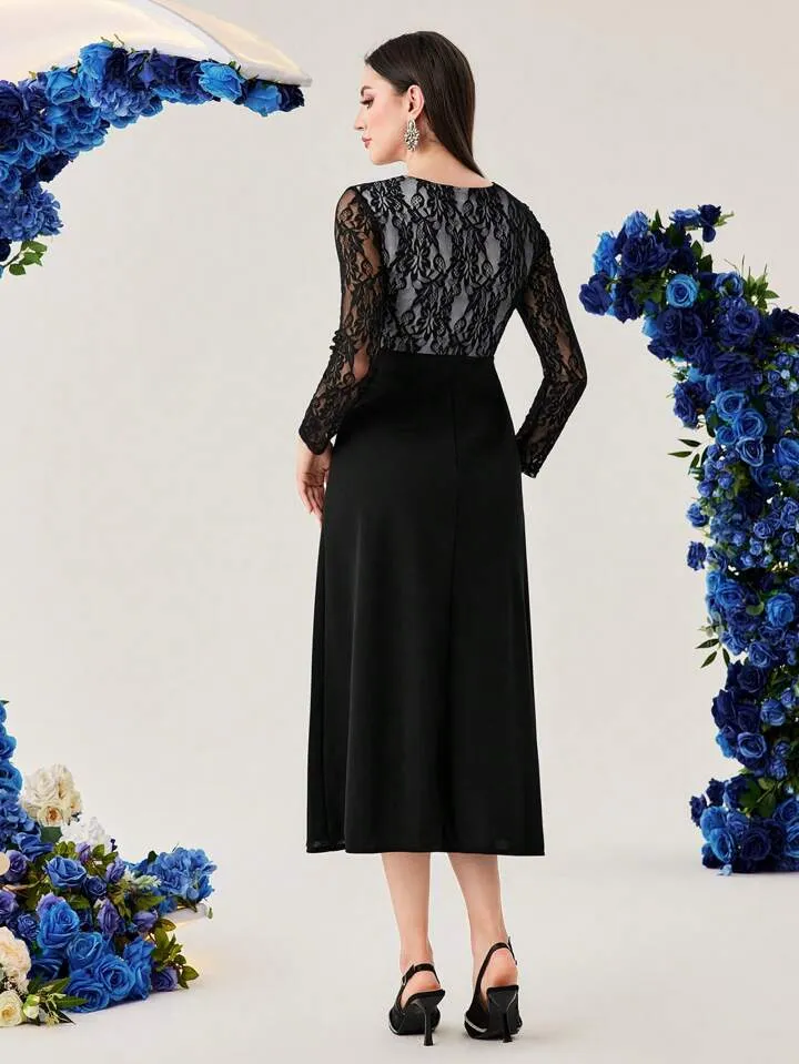CM-DS155111 Women Elegant Seoul Style Solid Color Lace Patchwork Sweetheart Collar Dress