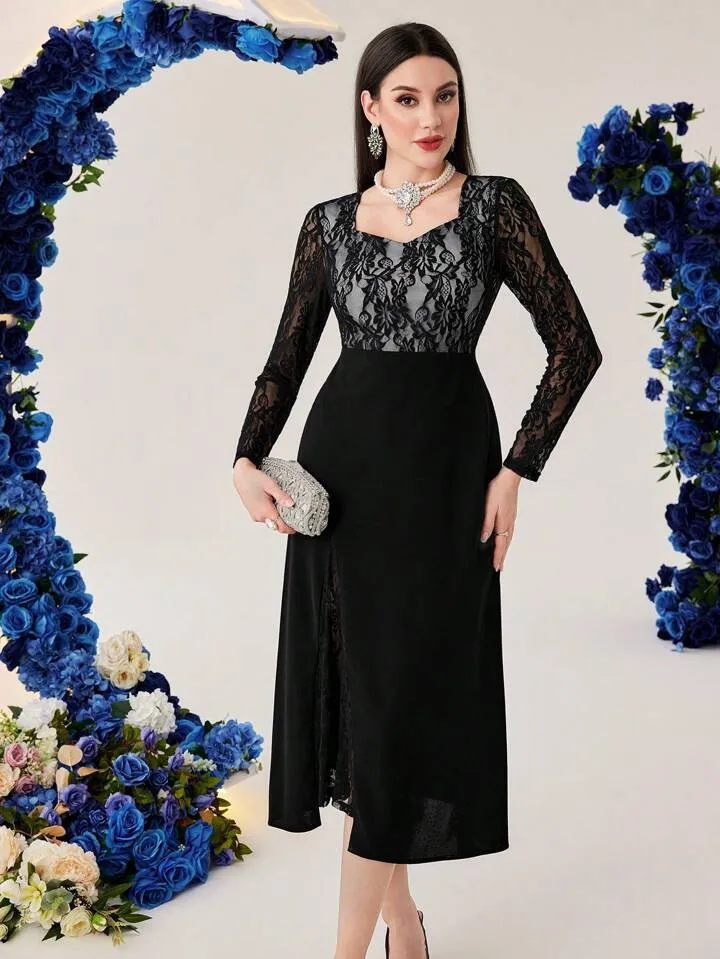 CM-DS155111 Women Elegant Seoul Style Solid Color Lace Patchwork Sweetheart Collar Dress