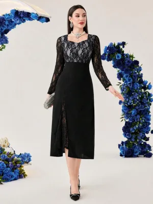 CM-DS155111 Women Elegant Seoul Style Solid Color Lace Patchwork Sweetheart Collar Dress