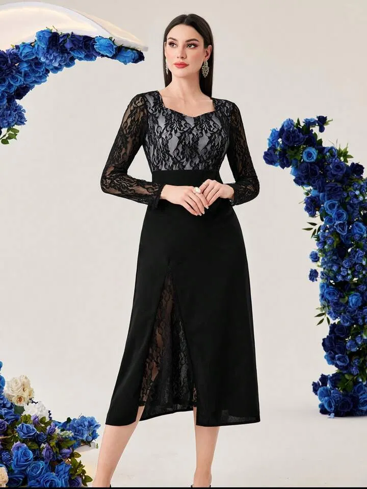 CM-DS155111 Women Elegant Seoul Style Solid Color Lace Patchwork Sweetheart Collar Dress