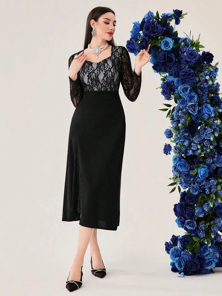 CM-DS155111 Women Elegant Seoul Style Solid Color Lace Patchwork Sweetheart Collar Dress
