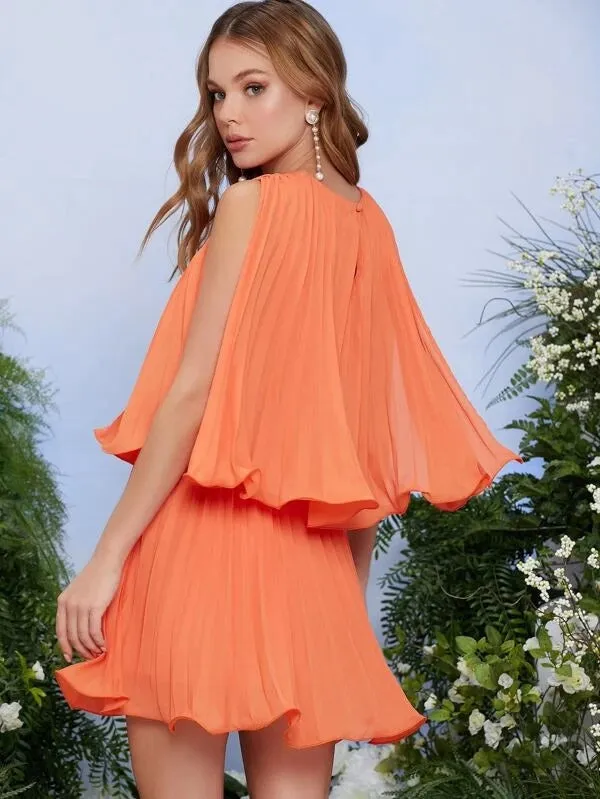 CM-DS209274 Women Elegant Seoul Style Ruched Detail Double Layered Pleated Dress - Coral Orange