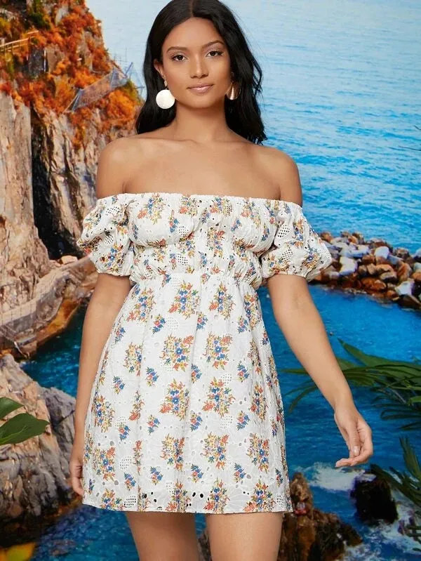 CM-DS231416 Women Trendy Bohemian Style Off Shoulder Ditsy Floral Schiffy Dress
