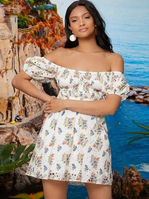 CM-DS231416 Women Trendy Bohemian Style Off Shoulder Ditsy Floral Schiffy Dress