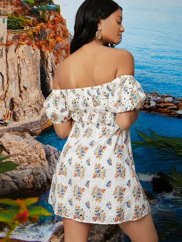 CM-DS231416 Women Trendy Bohemian Style Off Shoulder Ditsy Floral Schiffy Dress