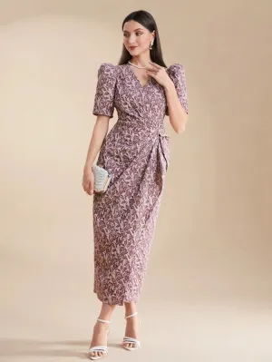 CM-DS306795 Women Elegant Seoul Style V-Neck Pleated Gigot Sleeve Wrap Maxi Dress - Pink