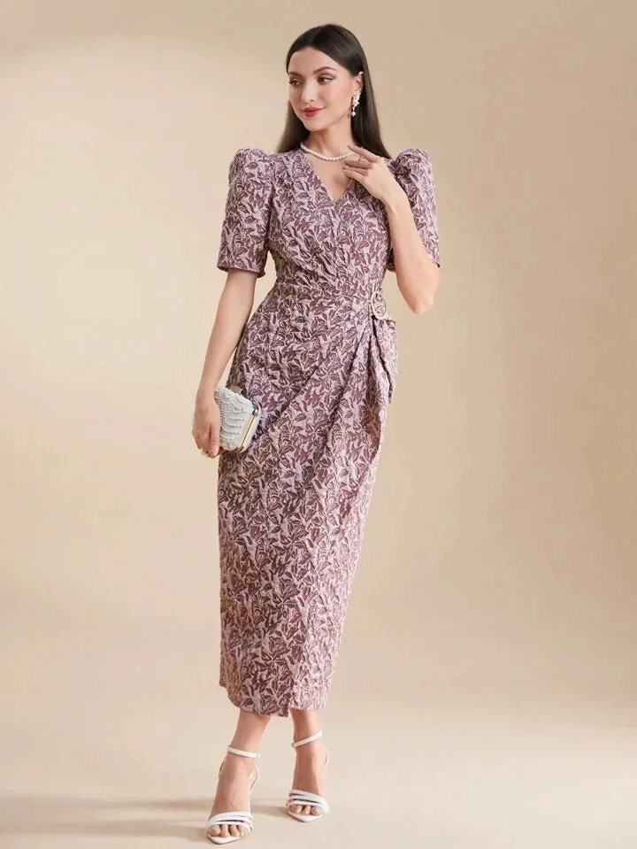 CM-DS306795 Women Elegant Seoul Style V-Neck Pleated Gigot Sleeve Wrap Maxi Dress - Pink