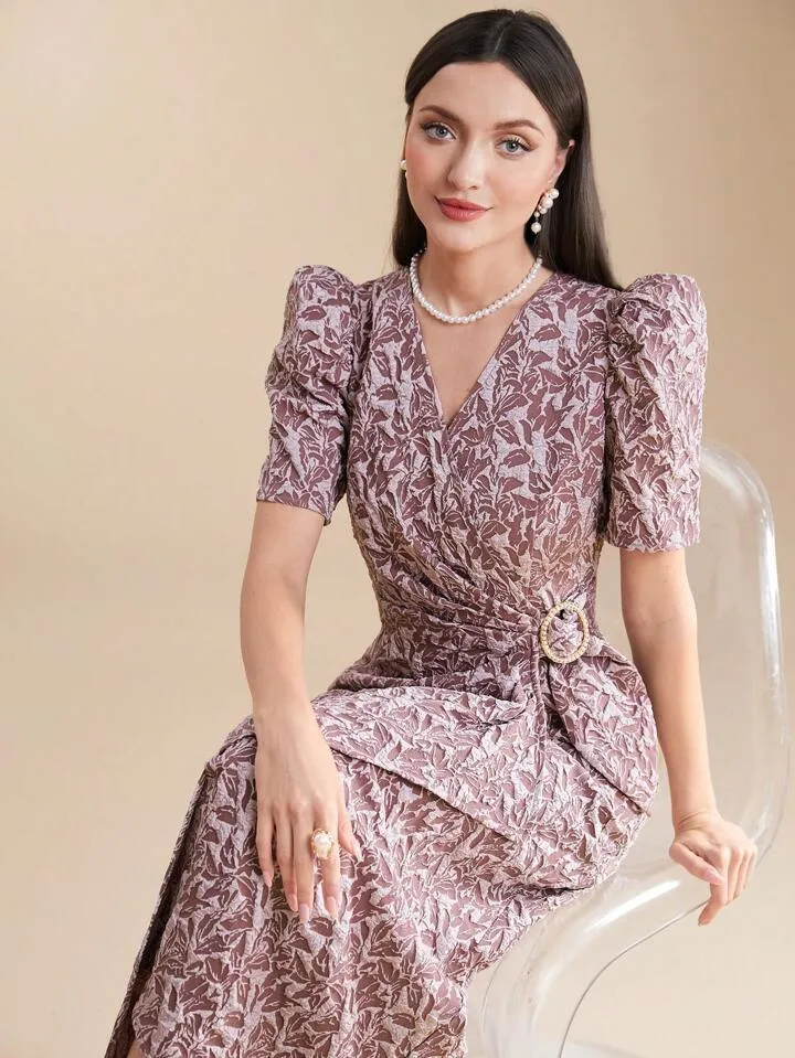 CM-DS306795 Women Elegant Seoul Style V-Neck Pleated Gigot Sleeve Wrap Maxi Dress - Pink