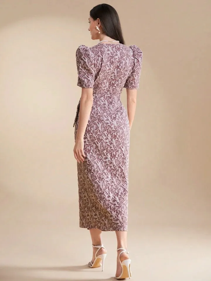 CM-DS306795 Women Elegant Seoul Style V-Neck Pleated Gigot Sleeve Wrap Maxi Dress - Pink