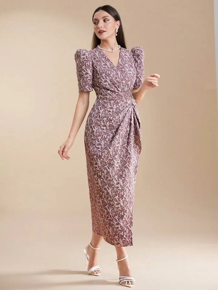CM-DS306795 Women Elegant Seoul Style V-Neck Pleated Gigot Sleeve Wrap Maxi Dress - Pink