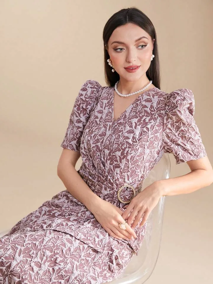 CM-DS306795 Women Elegant Seoul Style V-Neck Pleated Gigot Sleeve Wrap Maxi Dress - Pink